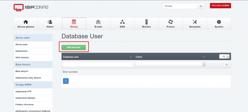 ISPConfig dodaj nowego użytkownika bazy danych